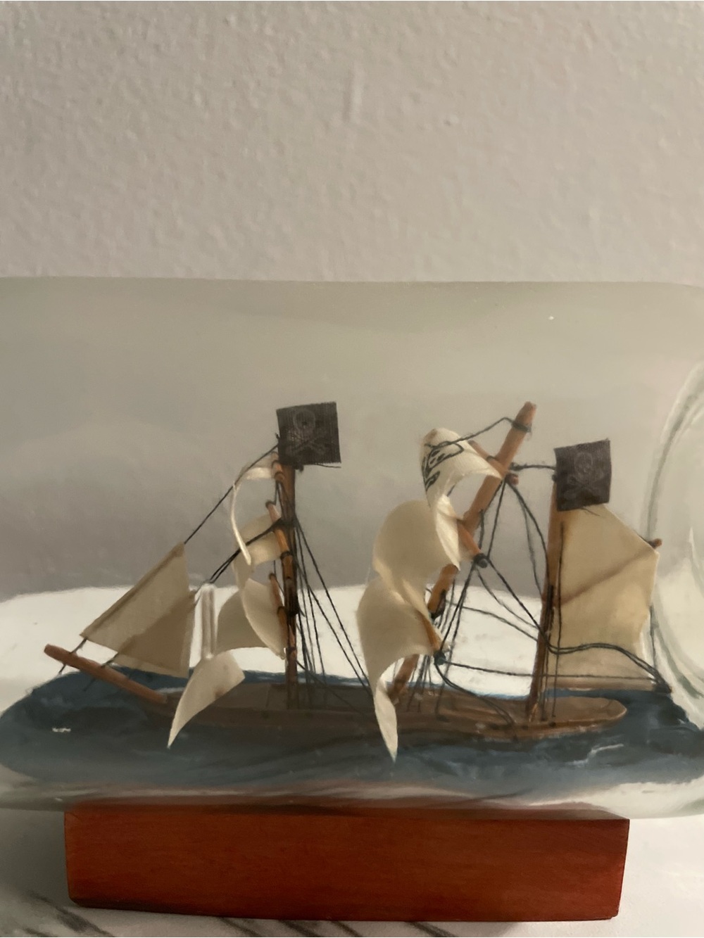 Handcrafted Ship in a Bottle Decorative Model - Cream Sails, Wood Base